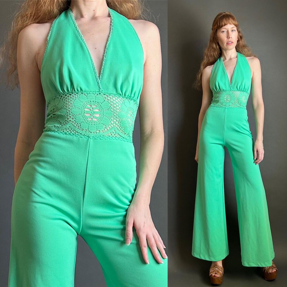 Vintage 1970s Crochet Cut Out Bell Bottom Jumpsuit, Hippie Festival Outfit, XS